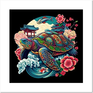 Flower Waves Floral Art Traditional Japanese Turtle Posters and Art